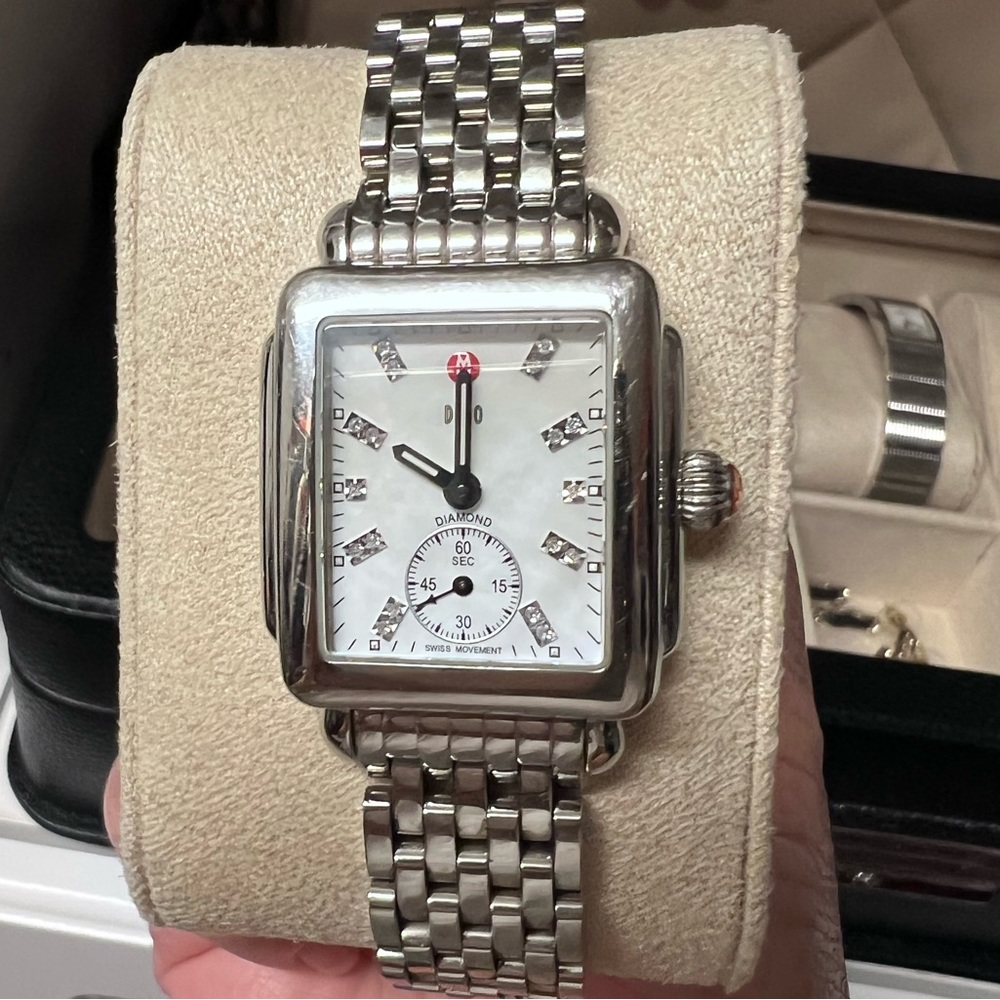 Pre-owned Michele Deco Mid Stainless Diamond Dial Watch